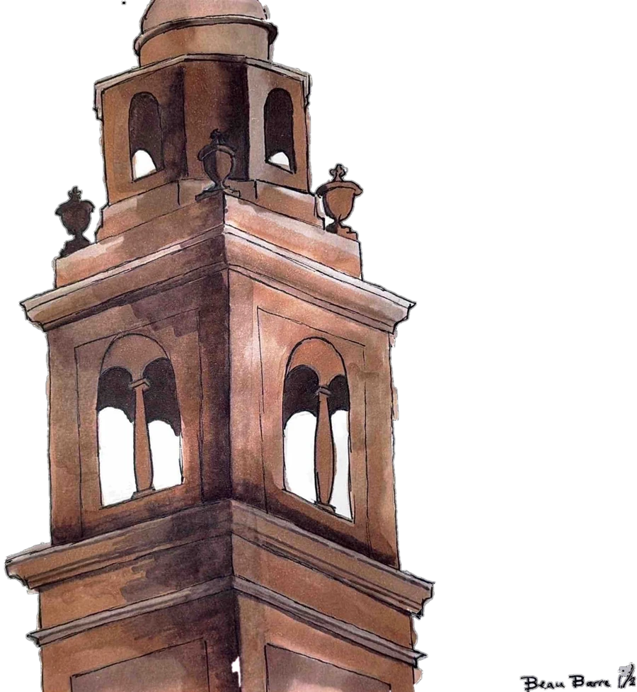Watercolor and ink architectural sketch by Beau Barre of a cupola and bell tower
