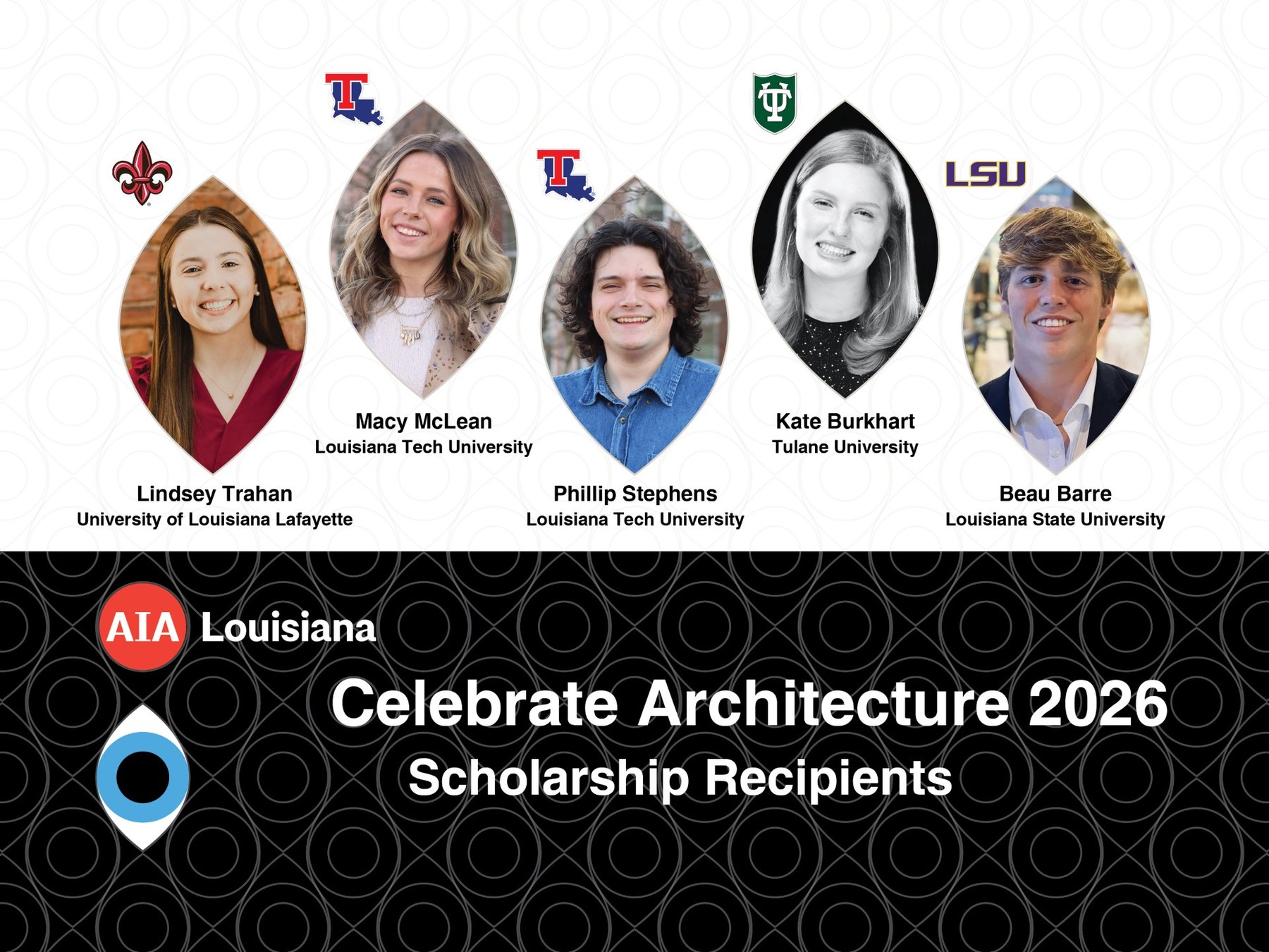 AIA Louisiana Celebrate Architecture 2026 scholarship recipients, including Beau Barre representing Louisiana State University
