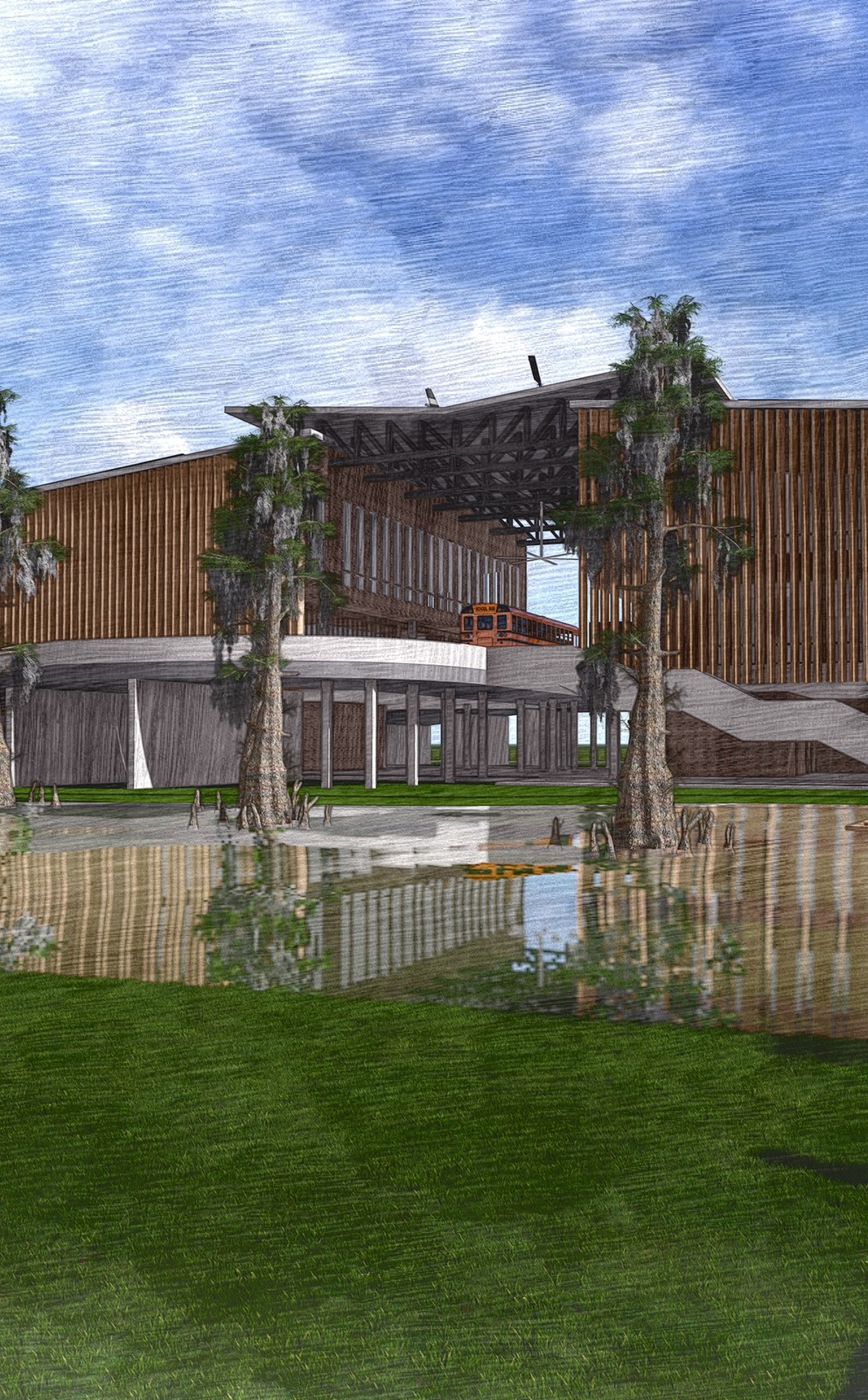 Rendering of the Morgan City X-Change Community Center, an elevated wood-clad building over the bayou