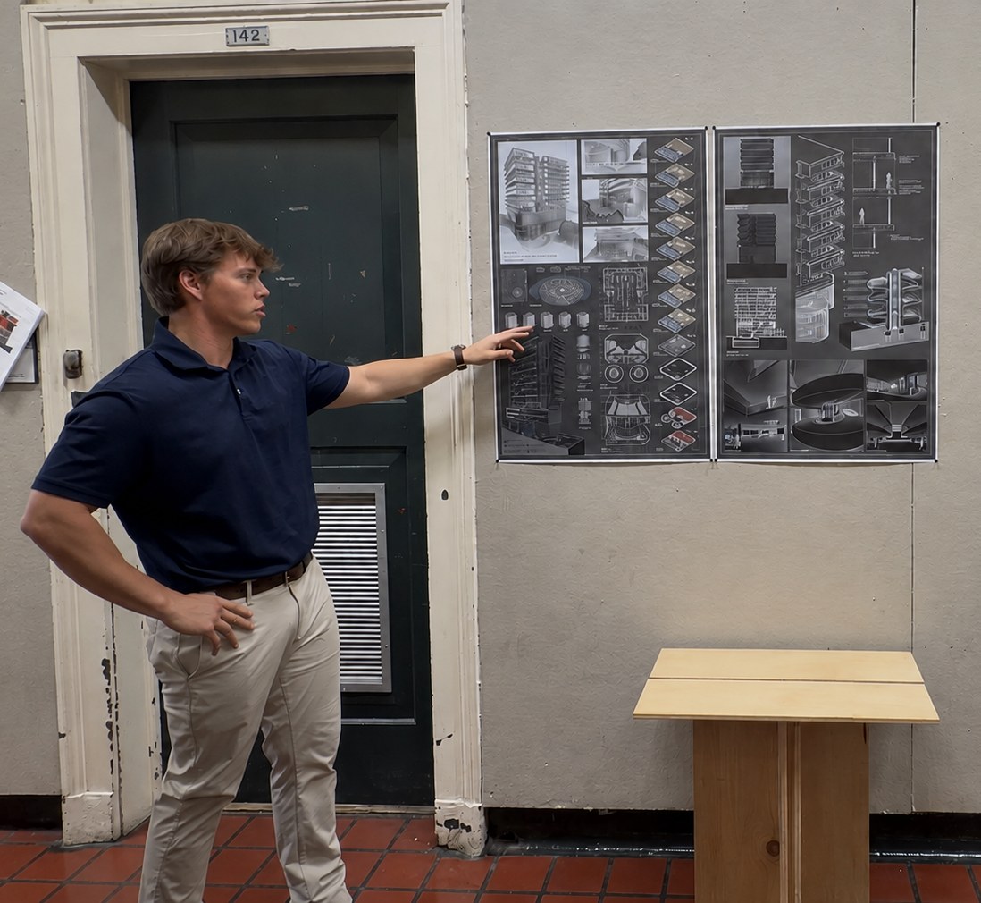 Beau Barre presenting his studio project boards at a final review
