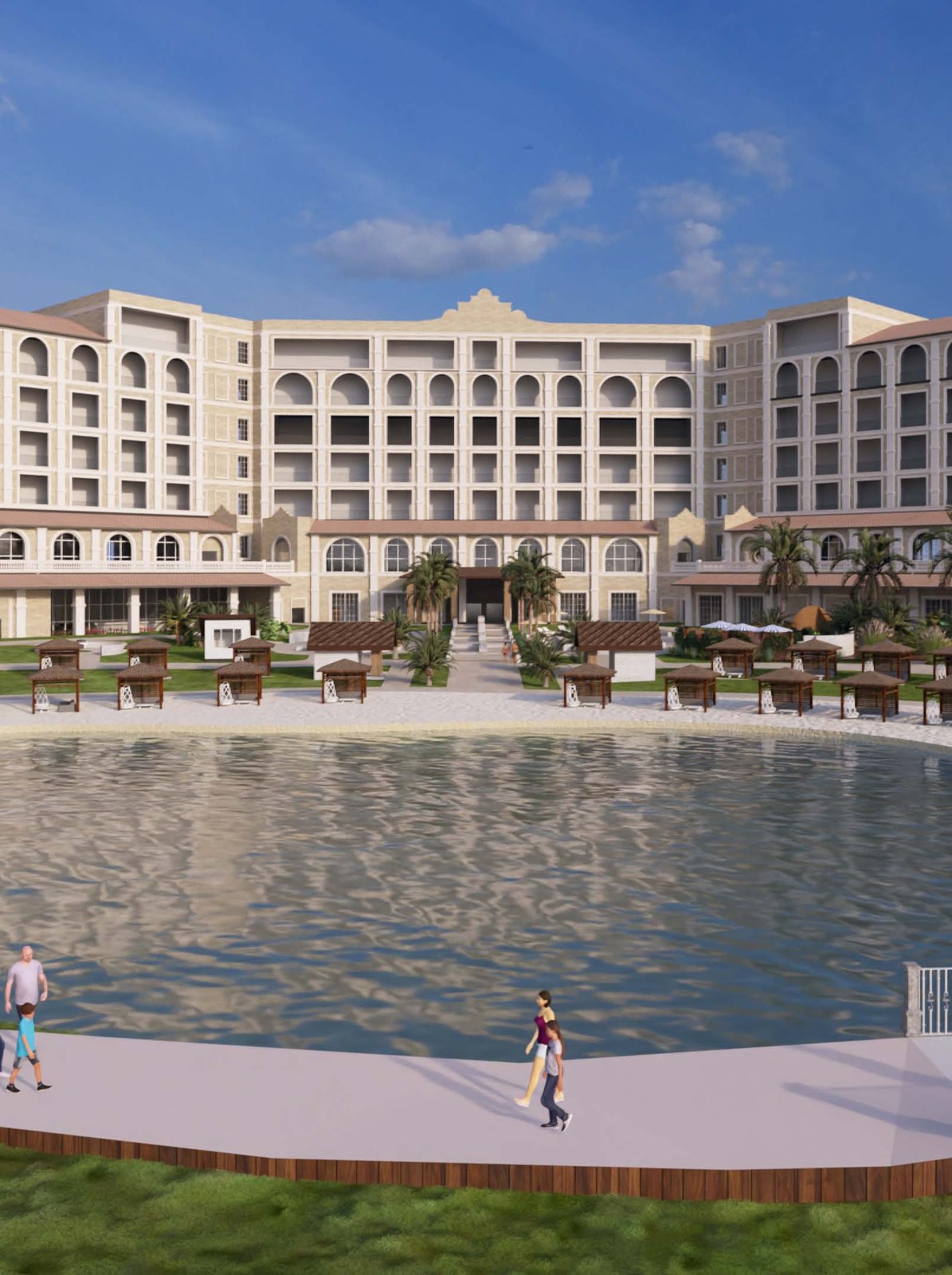 Rendering of the Conrad Curacao Hotel and Resort entrance, framed by palm trees