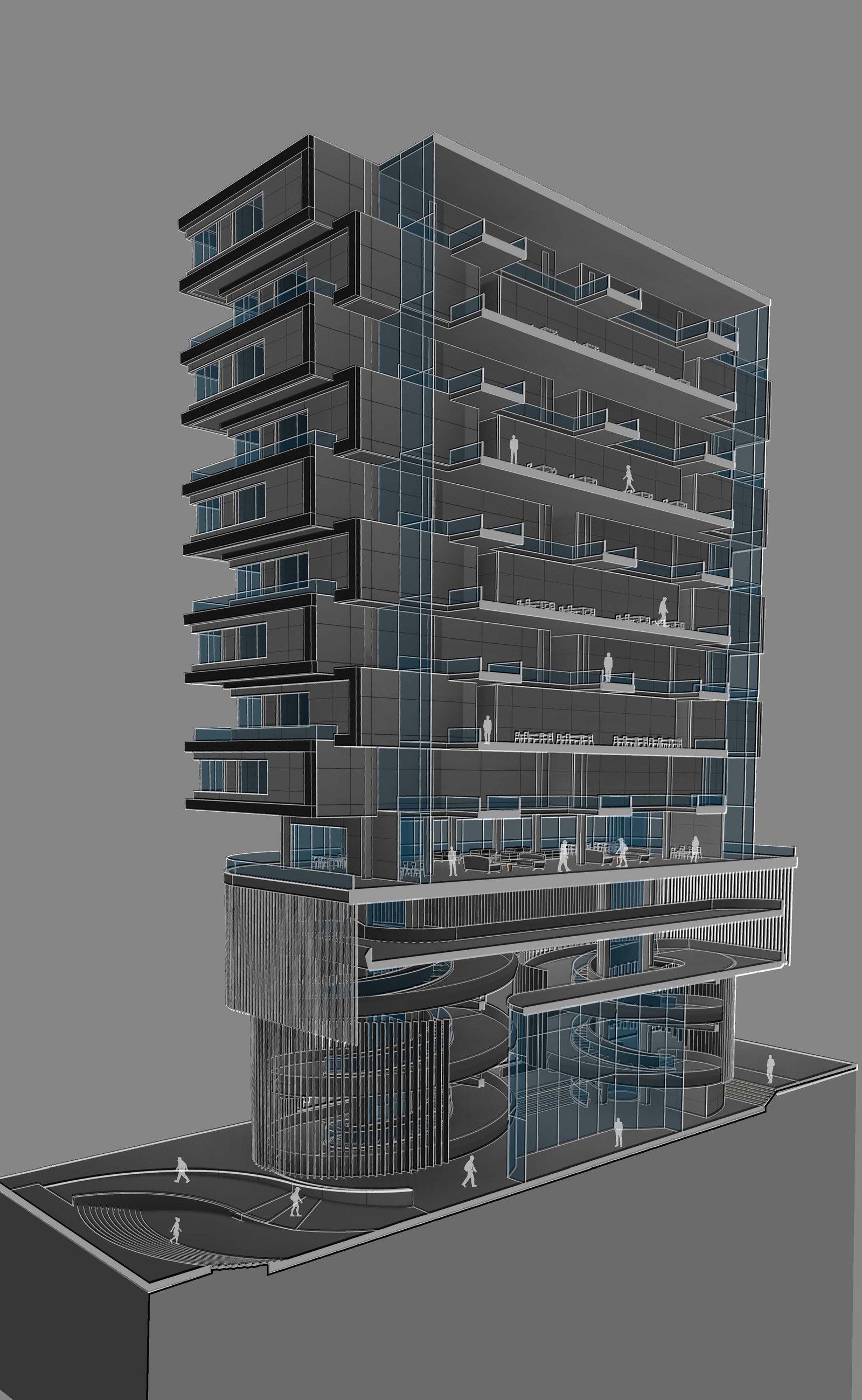 Sectional axonometric rendering of The Shift, a Chicago theatre and film school project