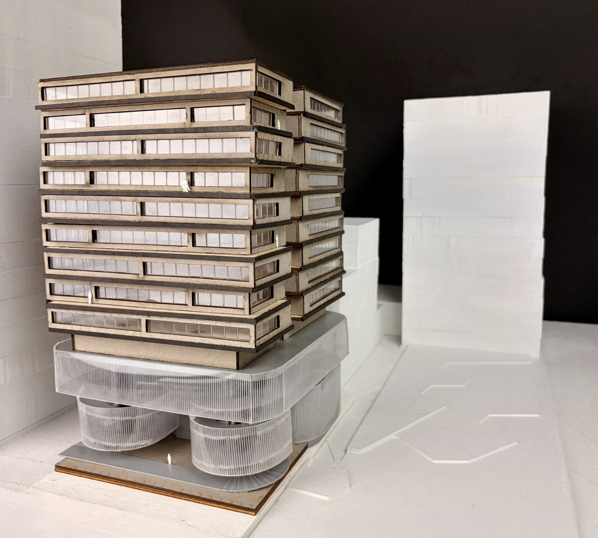 Three-quarter angled view of the Chicago Theatre and Film School study model within its urban site context