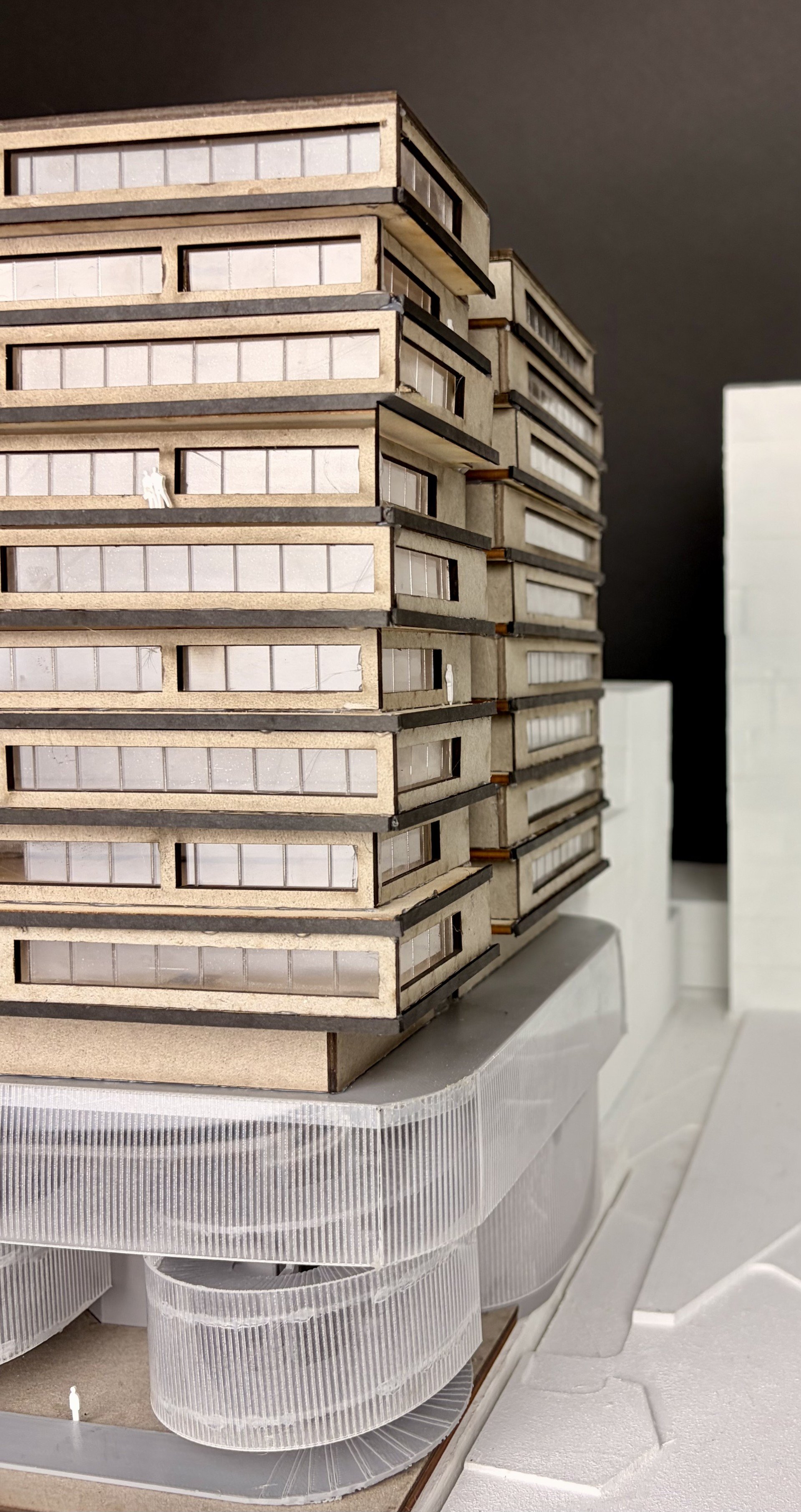 Close-up of the Chicago Theatre and Film School study model's shifting upper facade and window bays