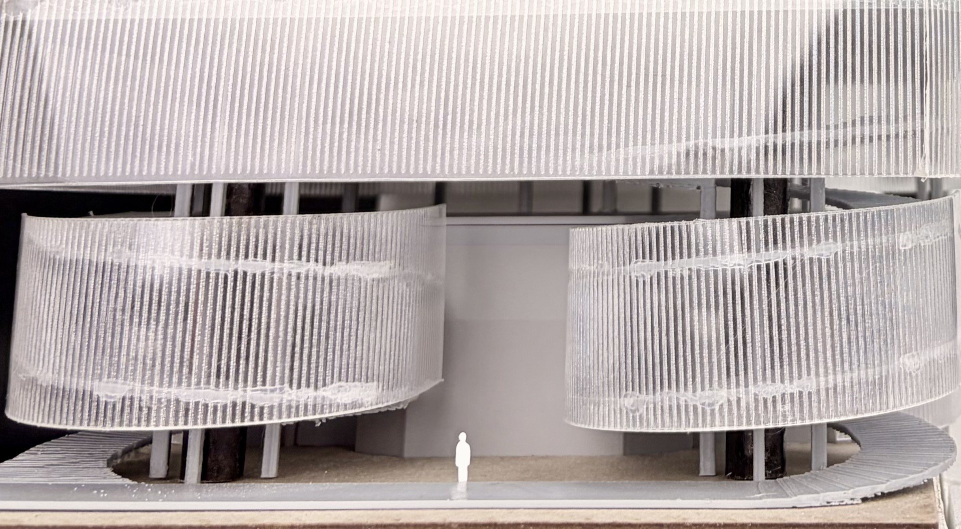 Close-up of the circular car ramps beneath the Chicago Theatre and Film School study model's theatre base