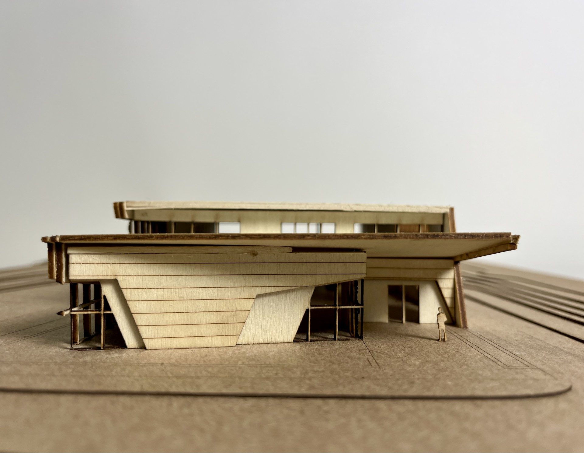 Angled view of the LSU Campus Health Center study model's facade and exposed structural supports