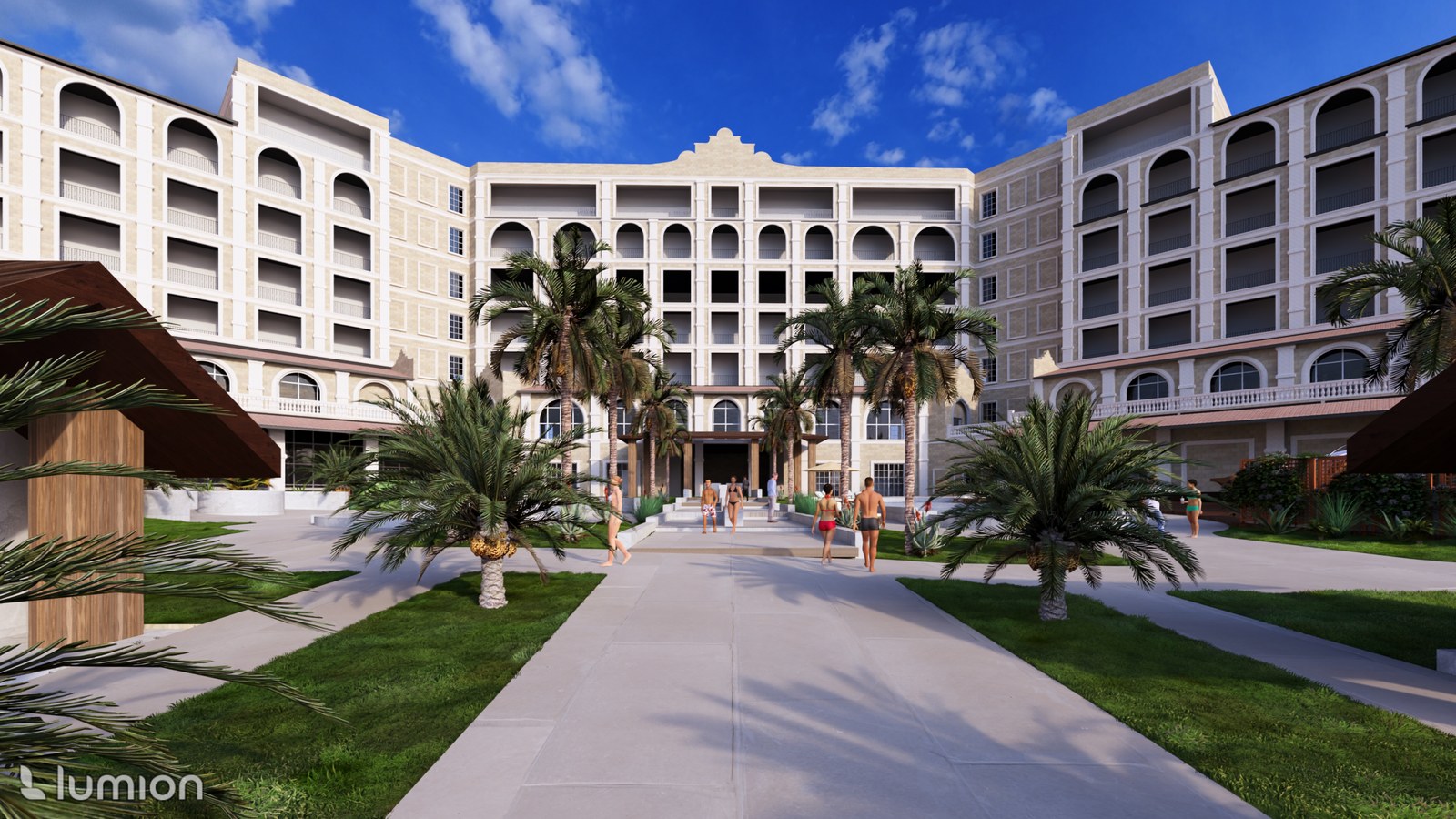 Rendering of the Conrad Curacao Hotel and Resort entrance, framed by palm trees