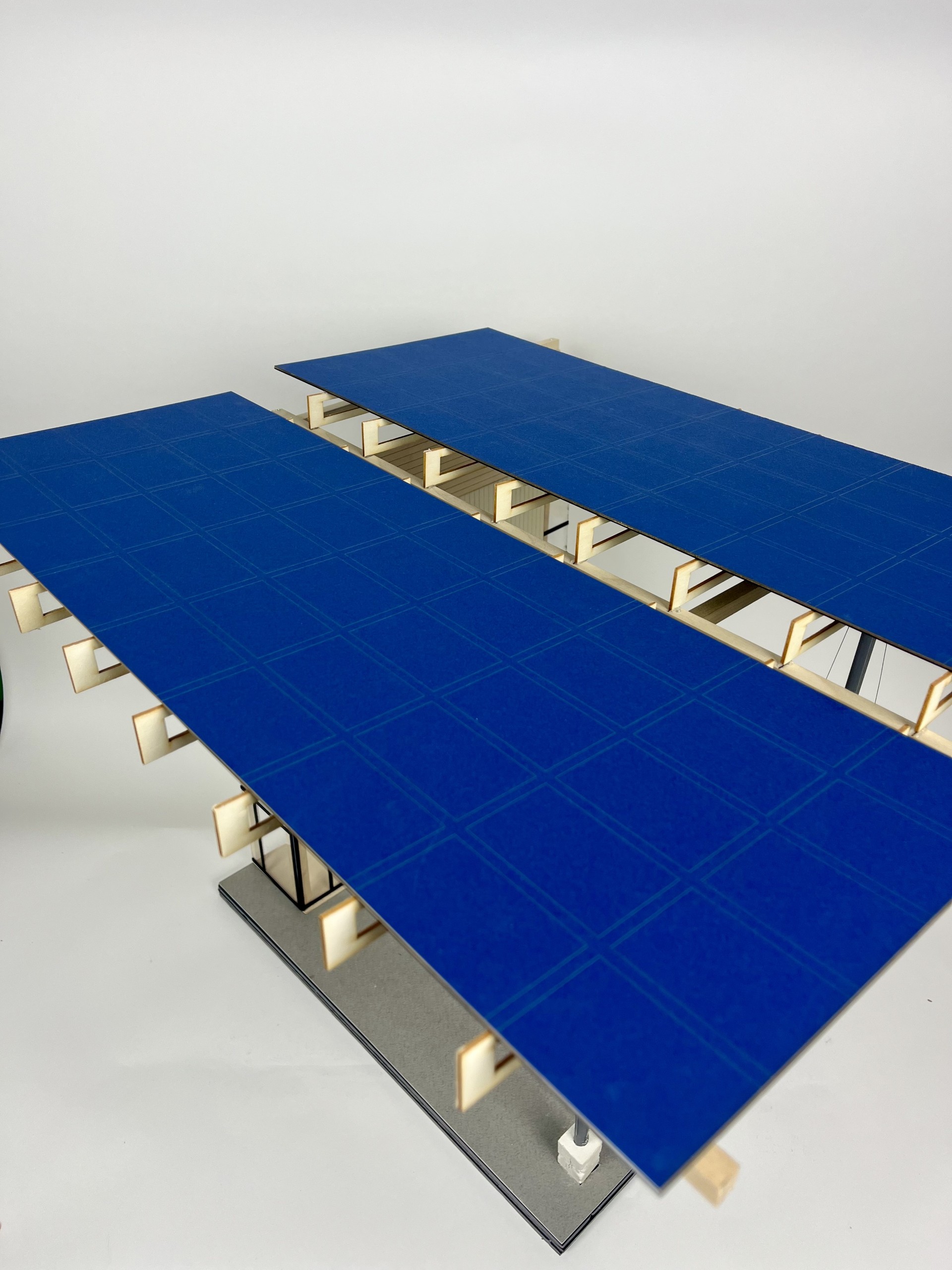 Overhead view of the Kendeda Building case study model's solar panel roof canopy