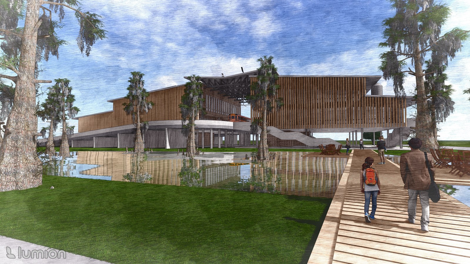 Rendering of the Morgan City X-Change Community Center, an elevated wood-clad building over the bayou